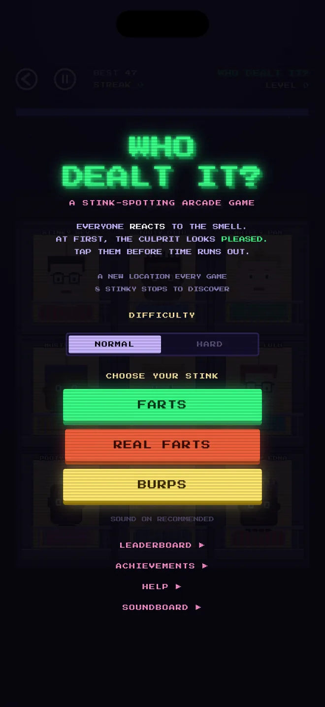 The Who Dealt It? title screen, with the normal and hard difficulty toggle and the three sound modes.
