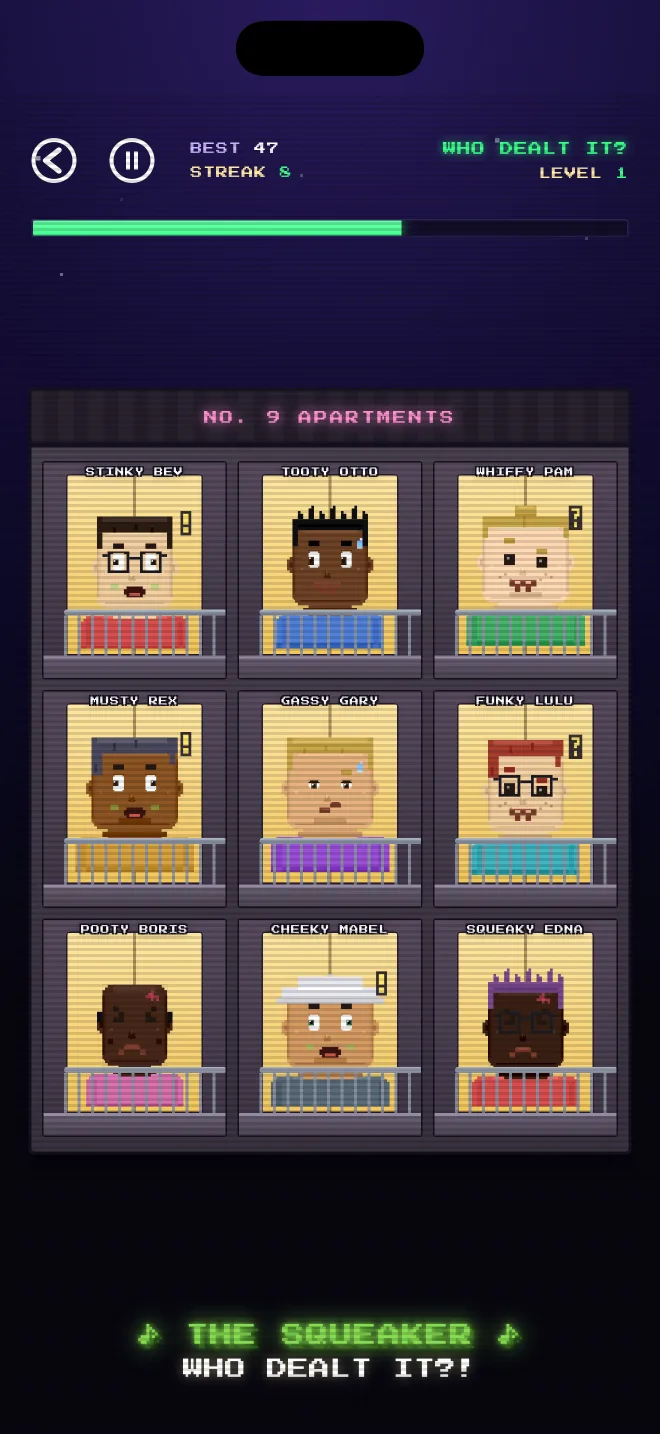 A round of Who Dealt It? on iPhone in the No. 9 Apartments stage: nine pixel-art tenants in lit windows, with a timer bar draining above them.