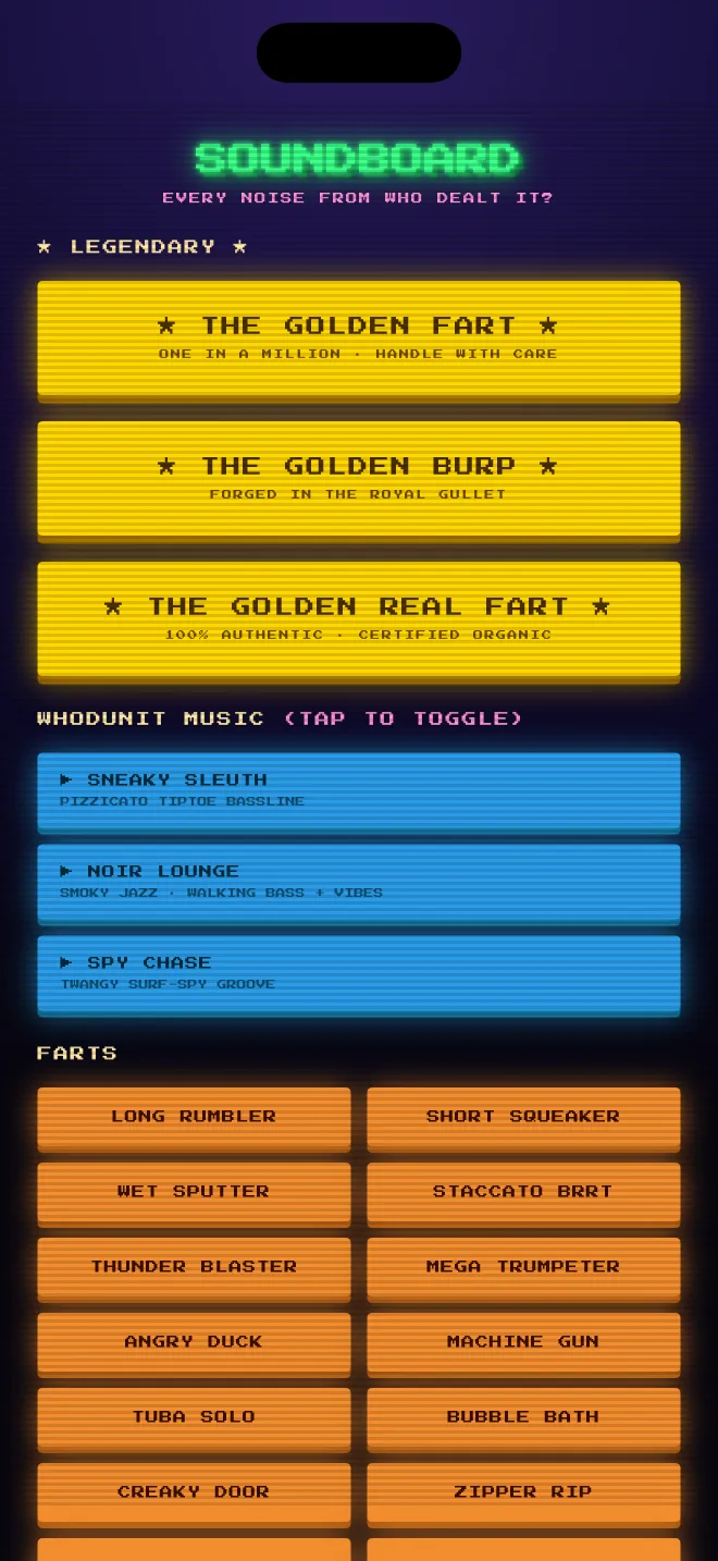 The soundboard, listing every toot and burp in the game on one free-play board with no timer and no score.