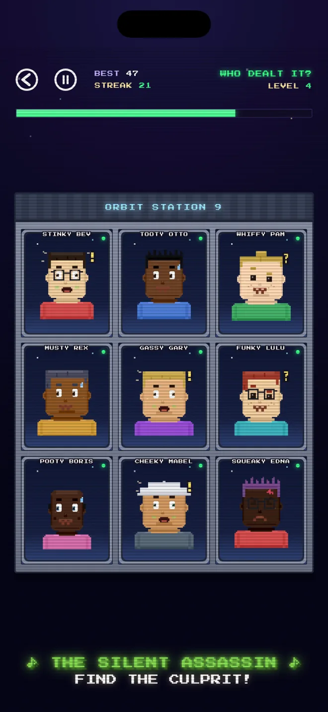 Orbit Station 9 at level four, with a streak of twenty-one busts and the prompt Find the culprit.