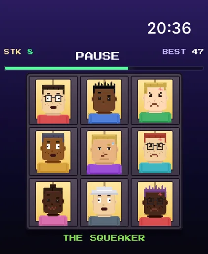 A round in progress on Apple Watch: nine pixel-art faces in a three by three grid, with a streak counter and a draining timer bar.